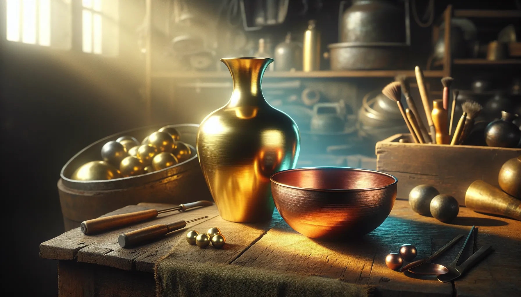 a shiny brass vase next to a muted bronze bowl on a wooden table.