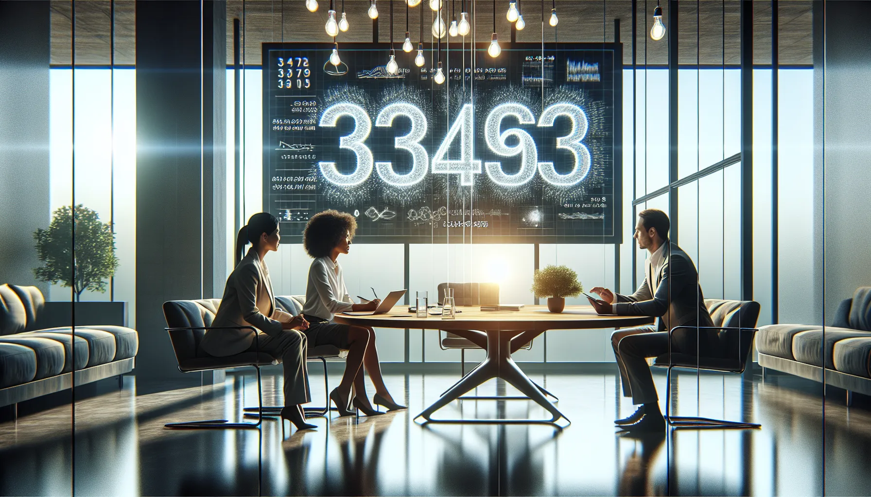 diverse professionals collaborating around a table with a digital display.