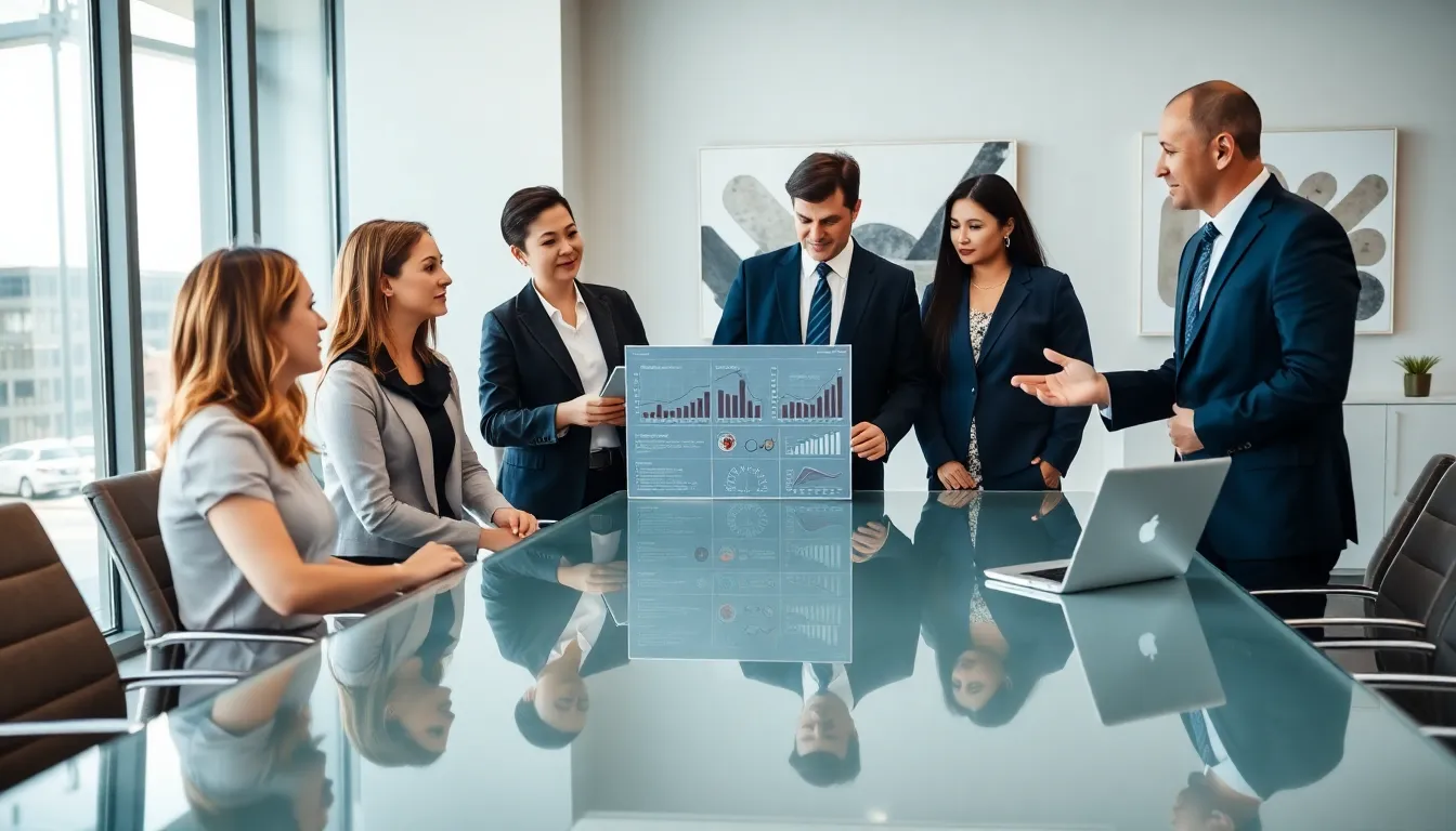 diverse team discussing e-commerce strategies in a modern office.