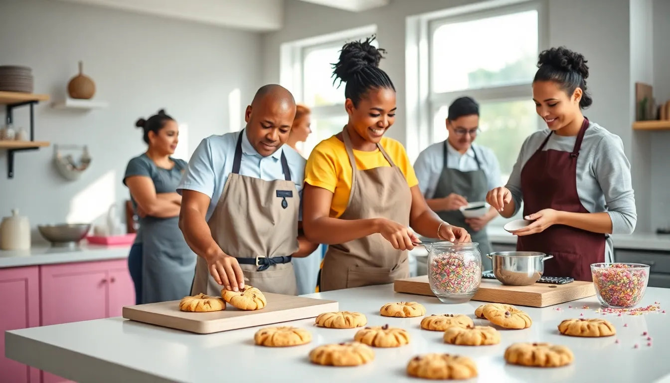 diverse bakers creating cookies in a modern kitchen.