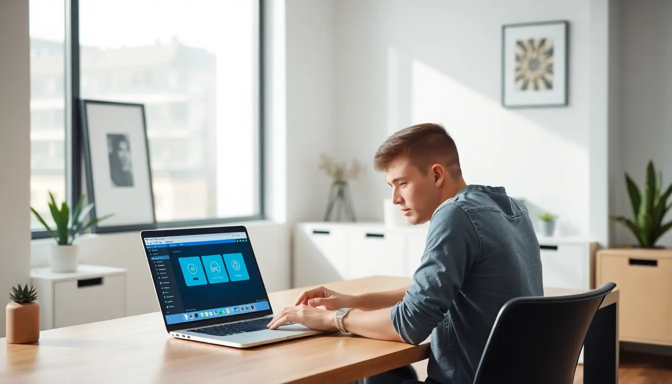 Young professional using Bobfusdie7.9 on a laptop in a modern workspace.
