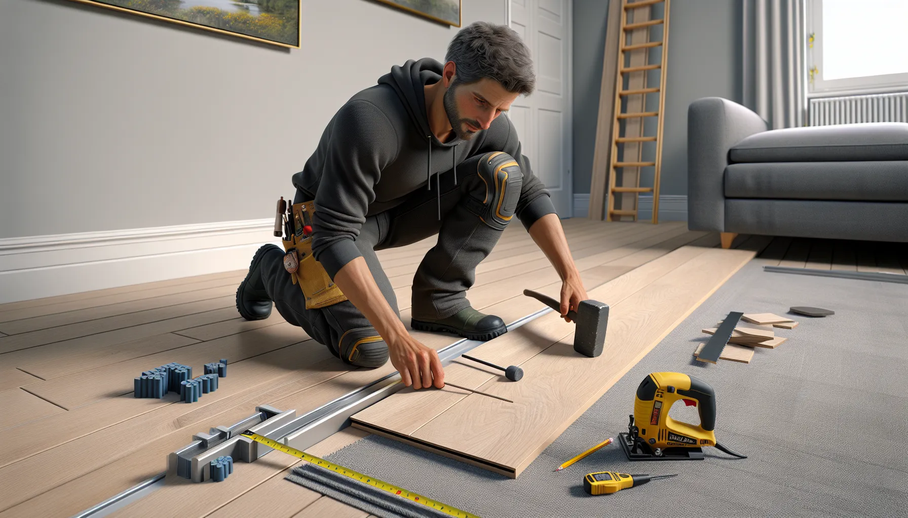 Installer taps laminate planks with tapping block and spacers for tight seams.