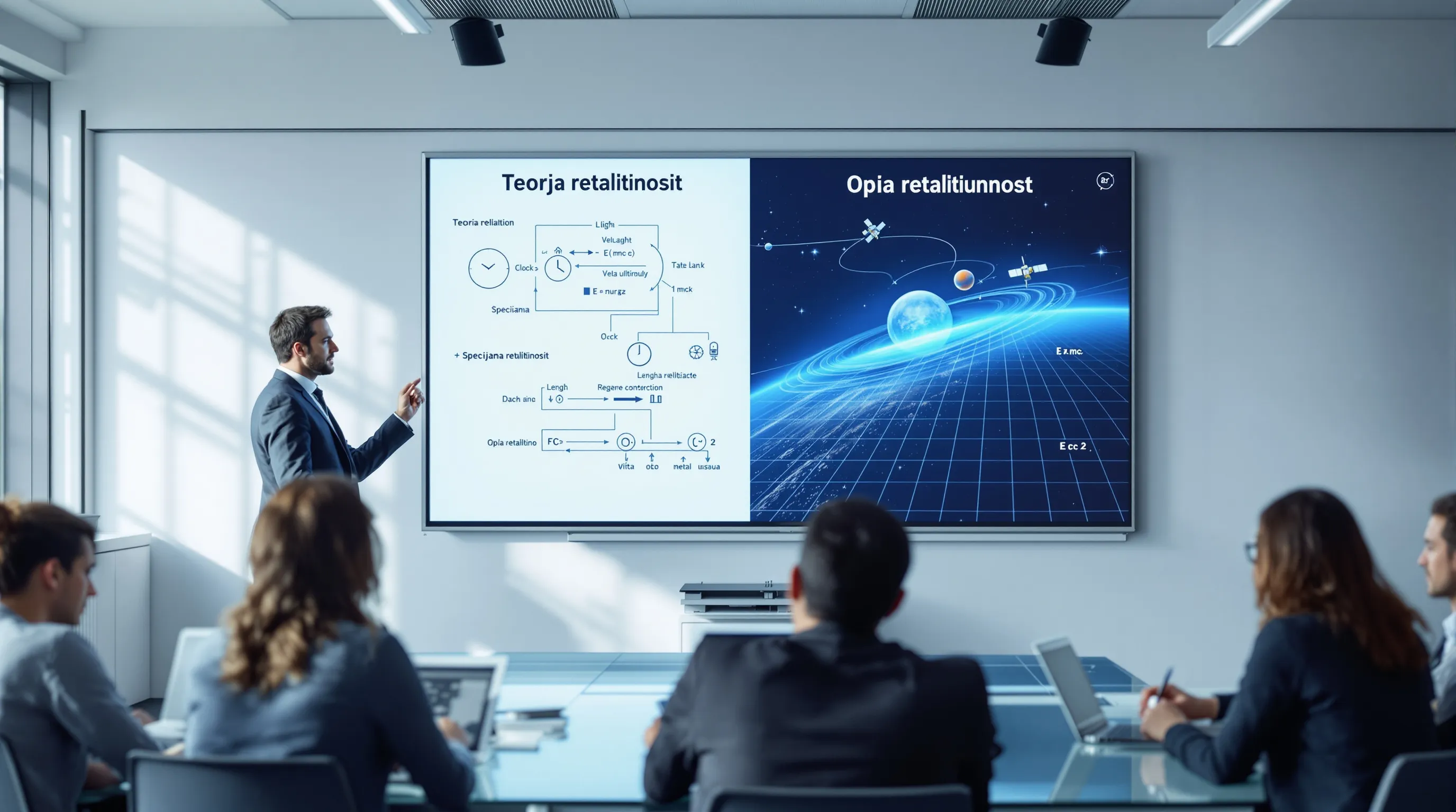 Lecturer explains special and general relativity on a digital whiteboard in Croatia.