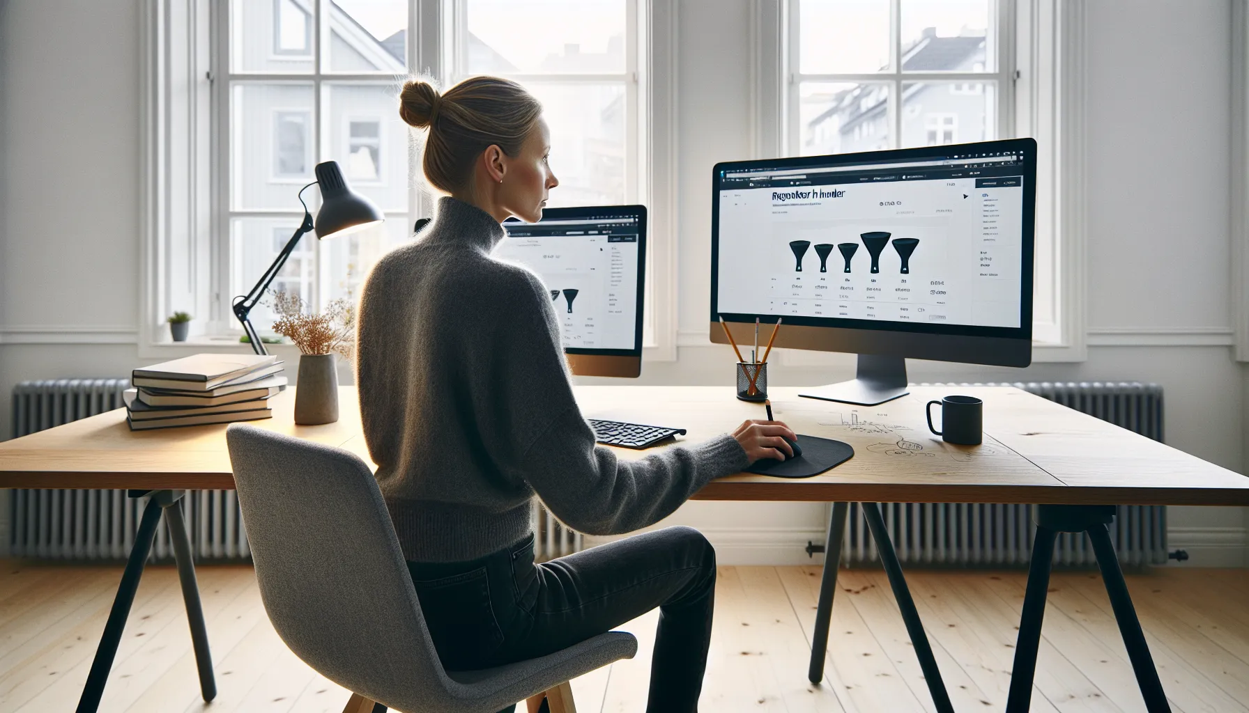 Norwegian e‑commerce manager reviews SEO dashboards and top search result.