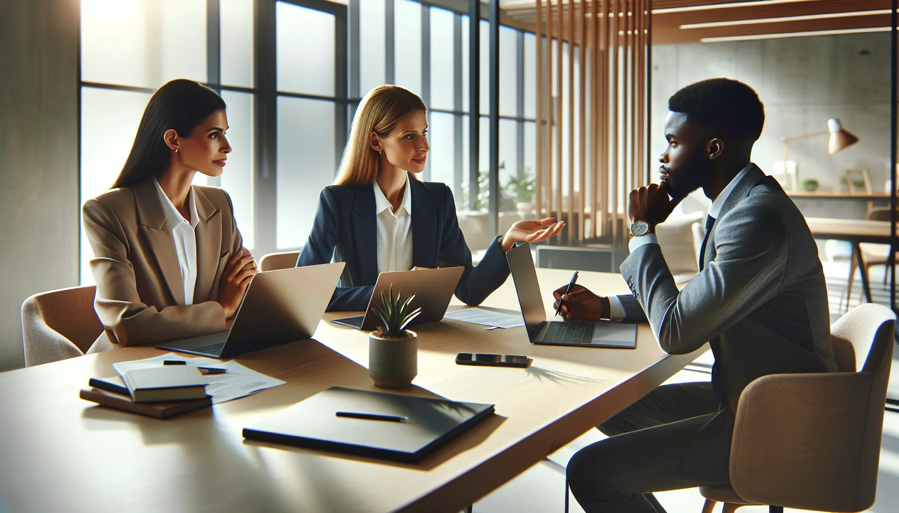 professionals discussing phone security in a modern office setting.