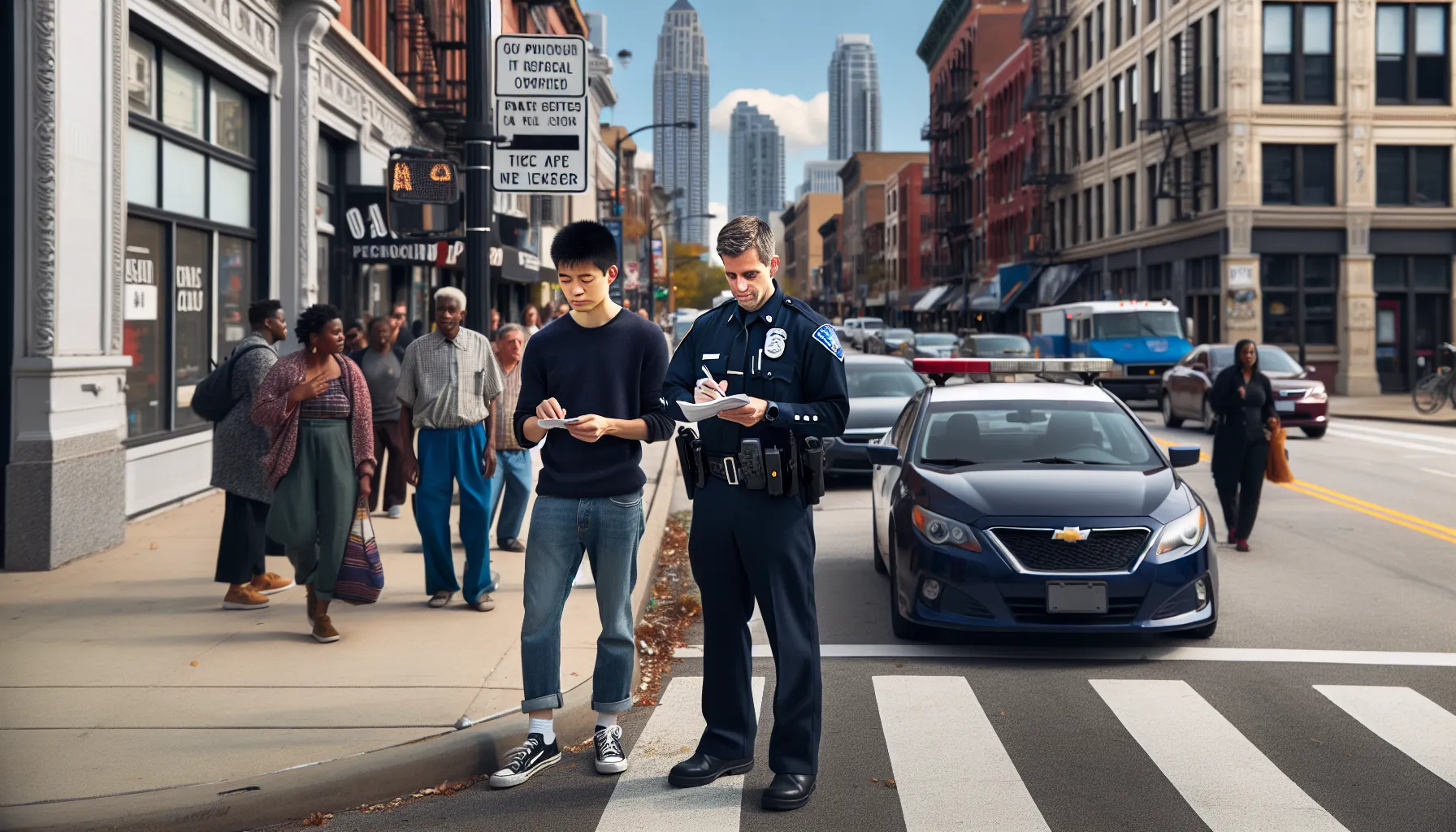 A police officer observes a jaywalker in a busy urban street.