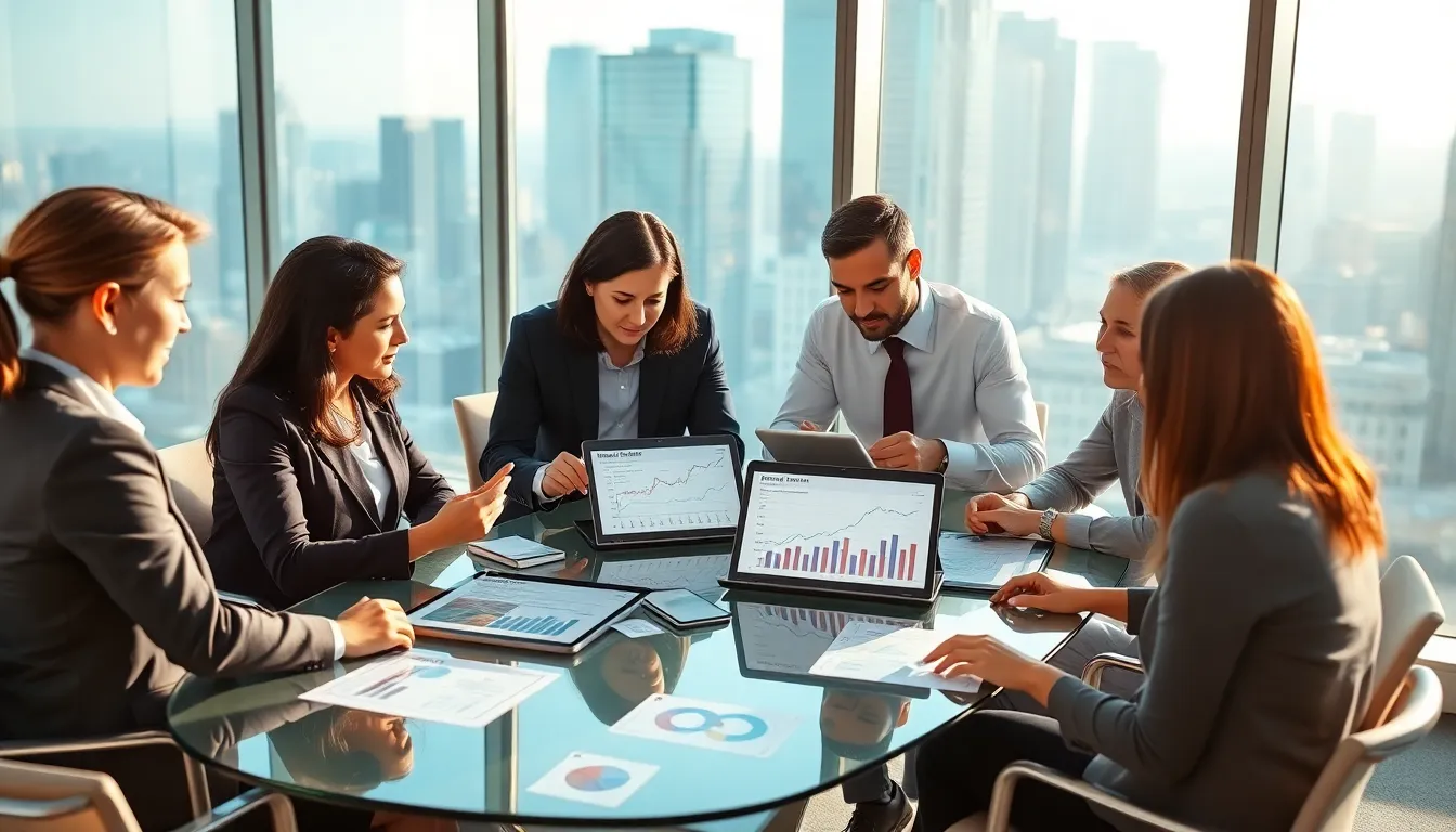 diverse team analyzing defense tech investment data in a modern office.