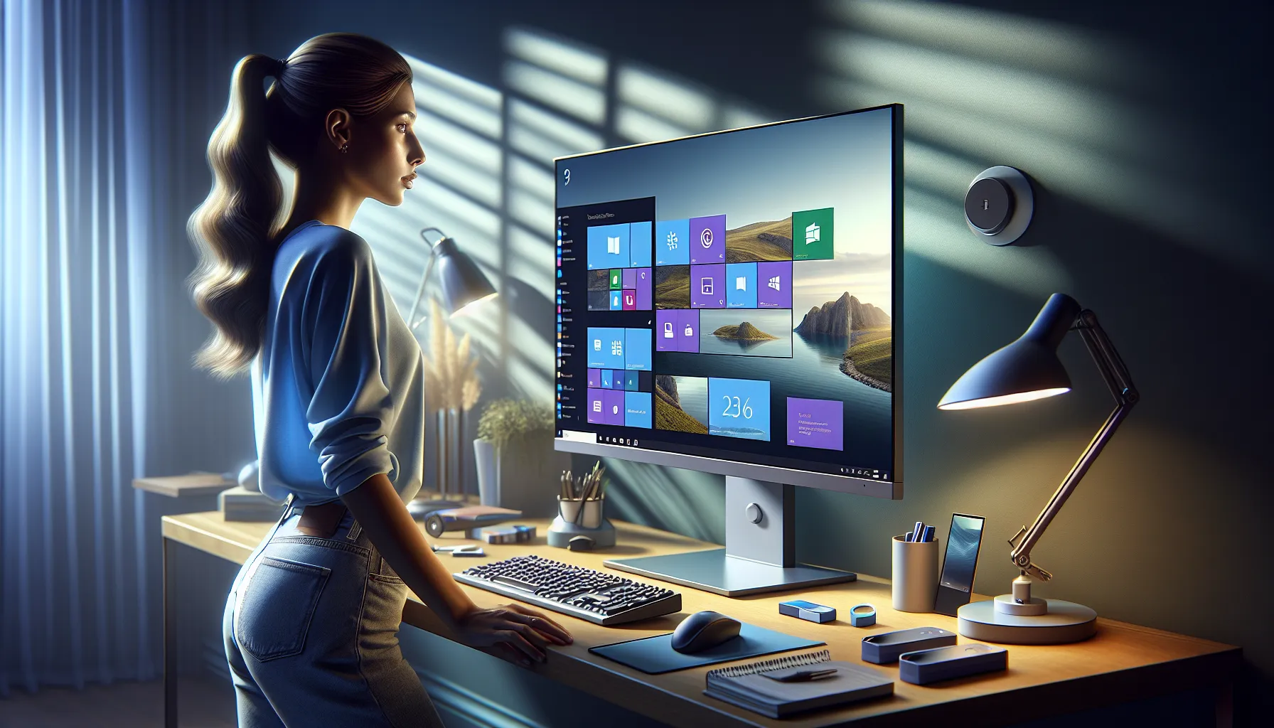 A woman using a computer showcasing the Windows Vista interface.