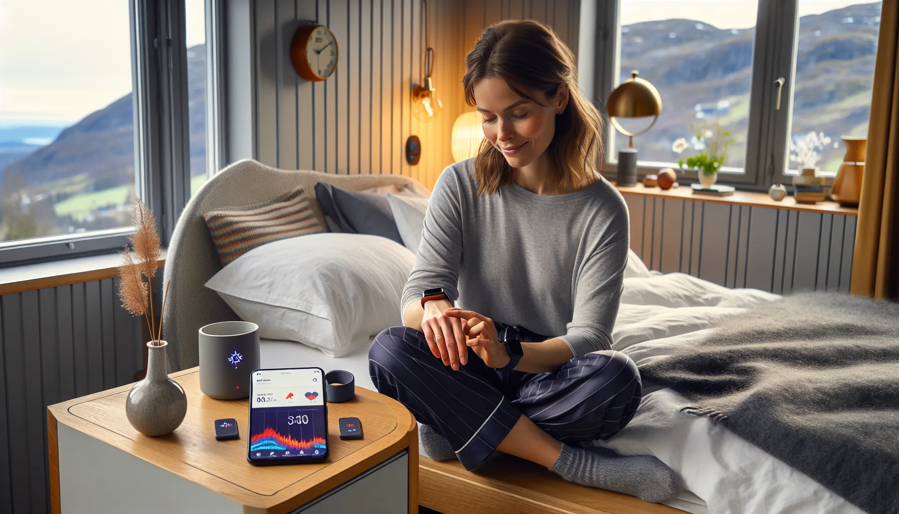 Hvordan søvnkvalitet påvirker hjertehelsen 2 Norwegian woman checks sleep and heart data in a sunlit bedroom.