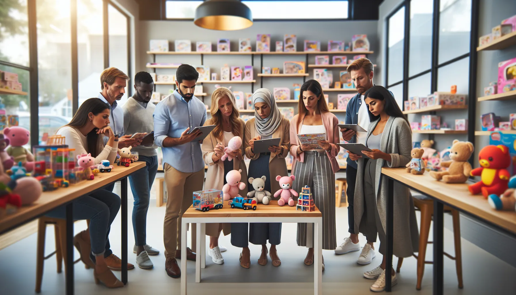 Parents discussing safe toy options in a bright toy store.
