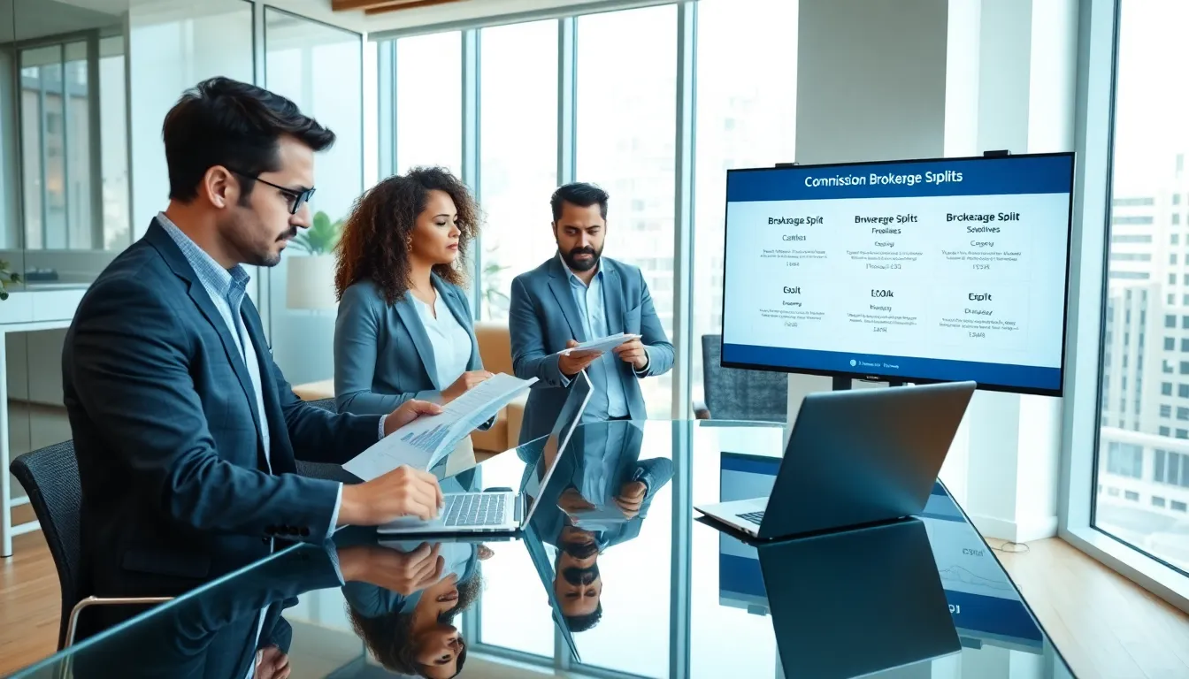 diverse real estate team discussing brokerage splits in a modern office.
