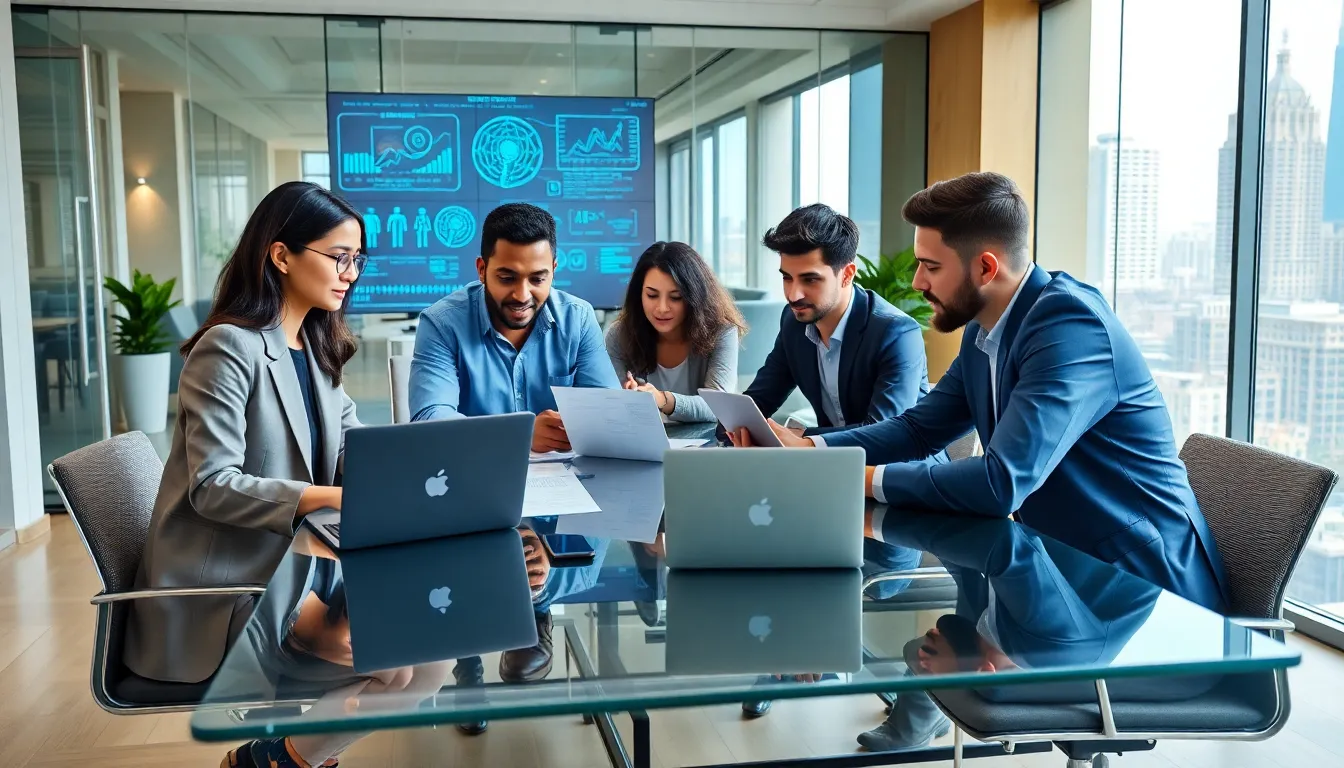 diverse professionals collaborating on AI side hustle ideas in a modern office.
