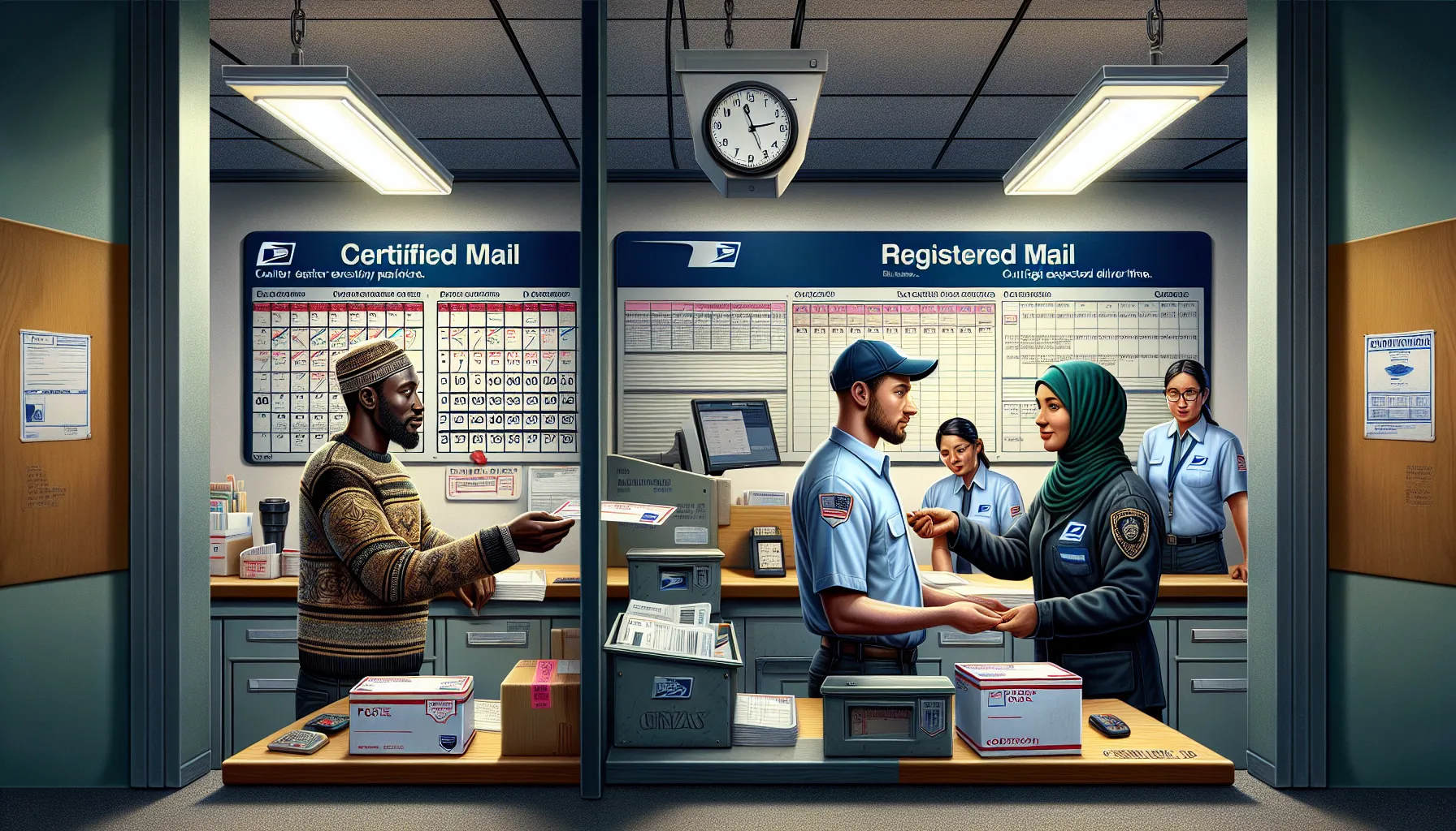 Packages at a post office counter illustrating Certified and Registered Mail processes.