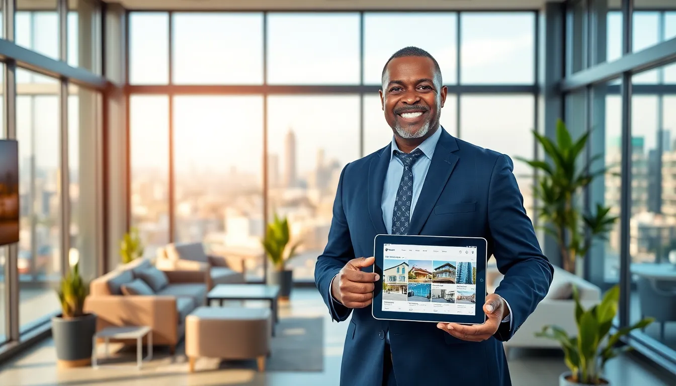 A real estate agent in a modern office with a city skyline view.