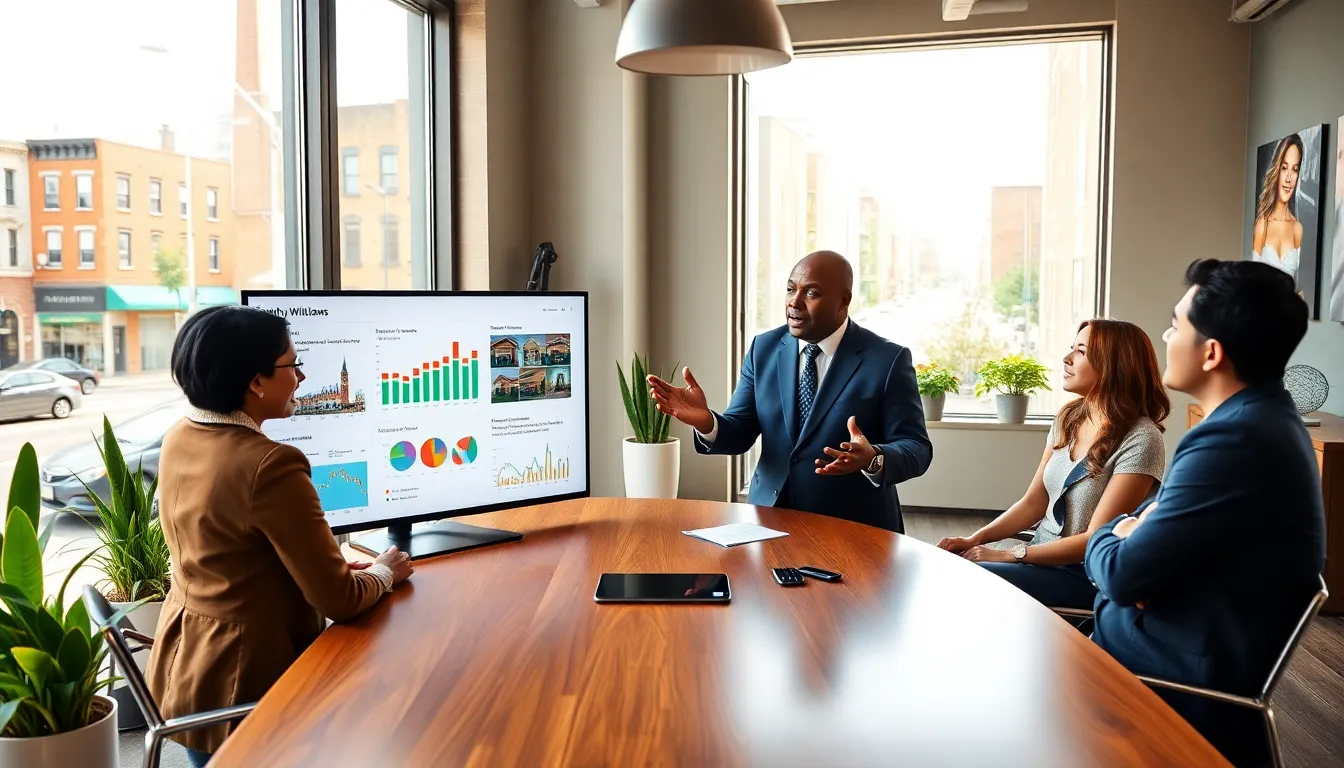 Timothy Williams leading a team meeting in a modern real estate office.