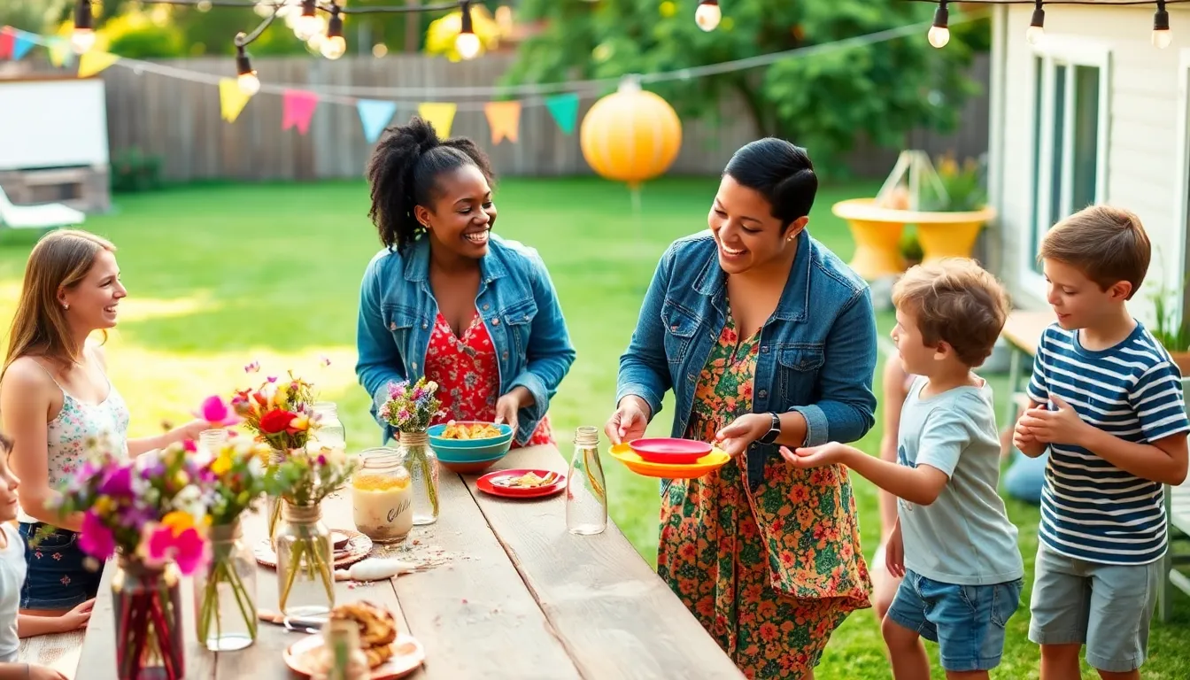 a joyful outdoor gathering with homemade decorations and friends celebrating together.