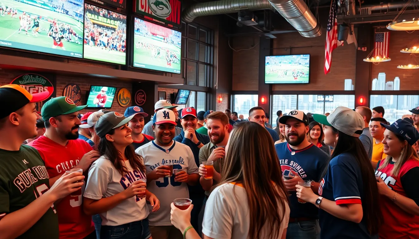 fans enjoying sports atmosphere in a Chicago bar.