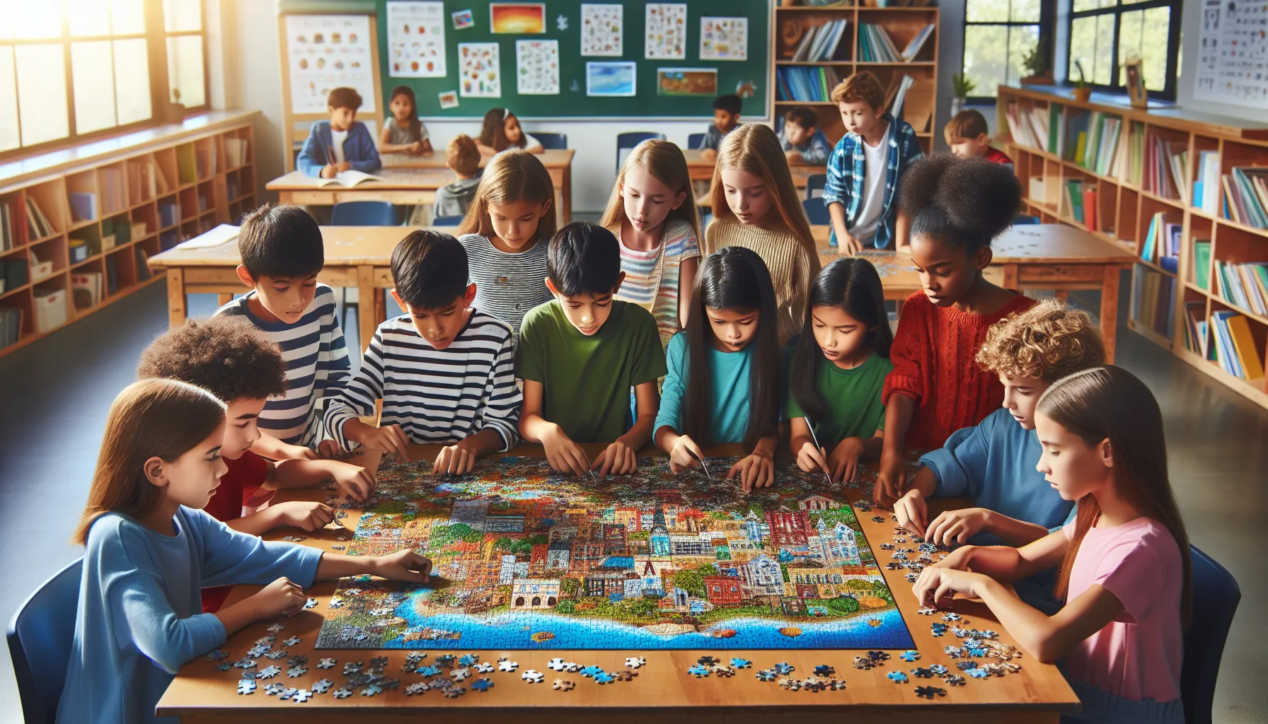 Children collaborating on a colorful jigsaw puzzle in a classroom.