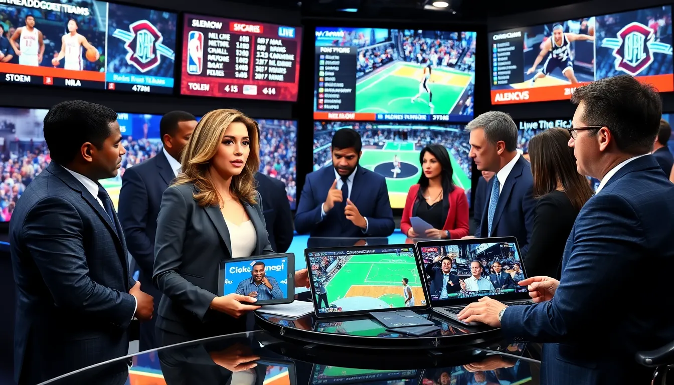diverse journalists analyzing sports trends in a modern newsroom.