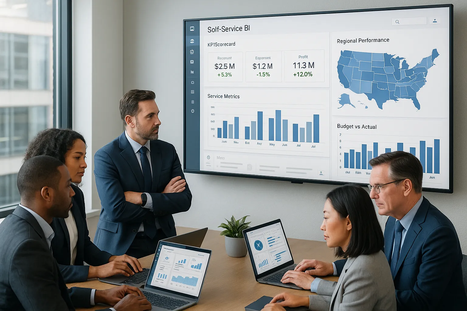 Business team reviewing dashboards and KPIs in a modern office.