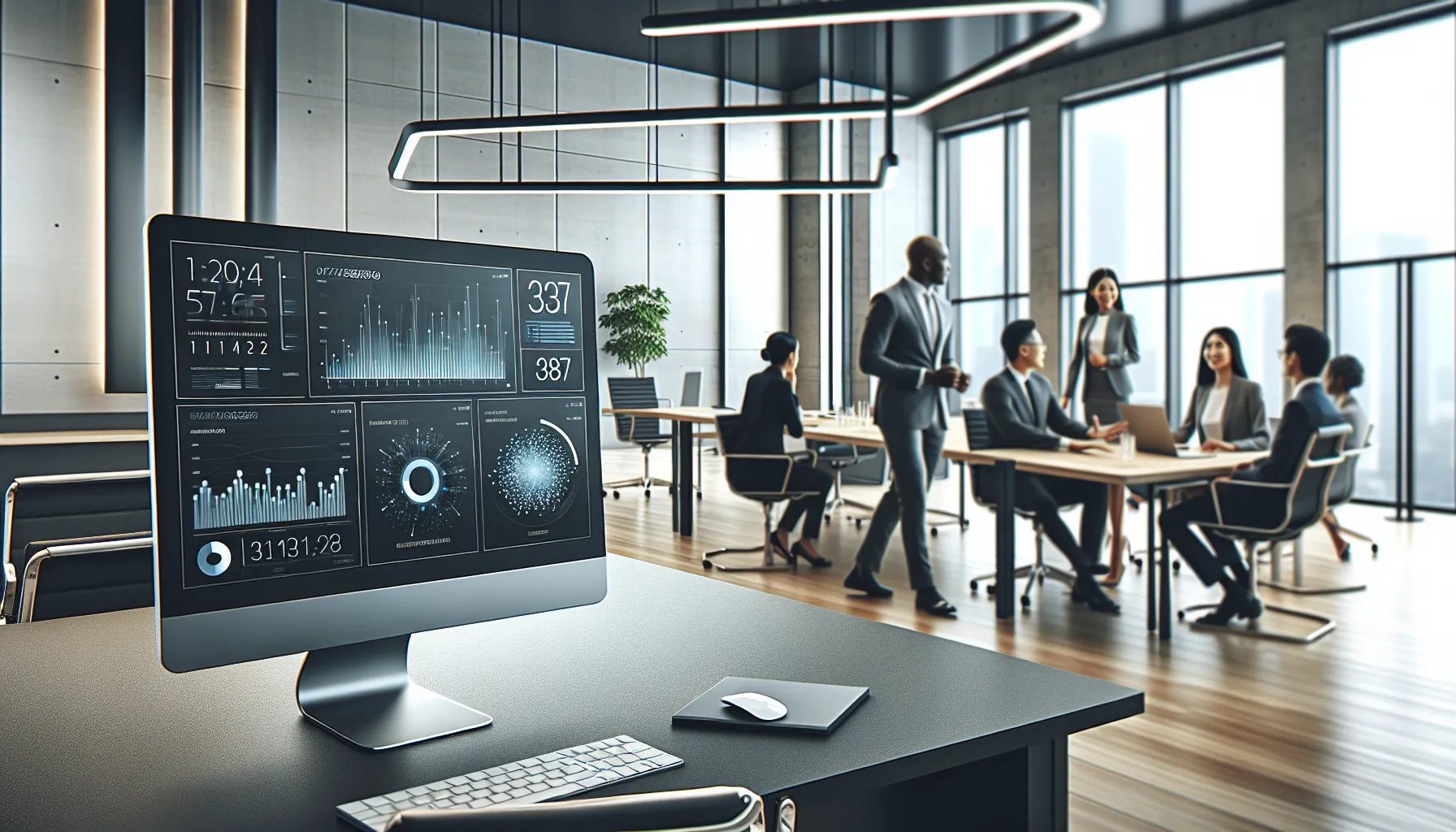 team analyzing digital data in a modern office.