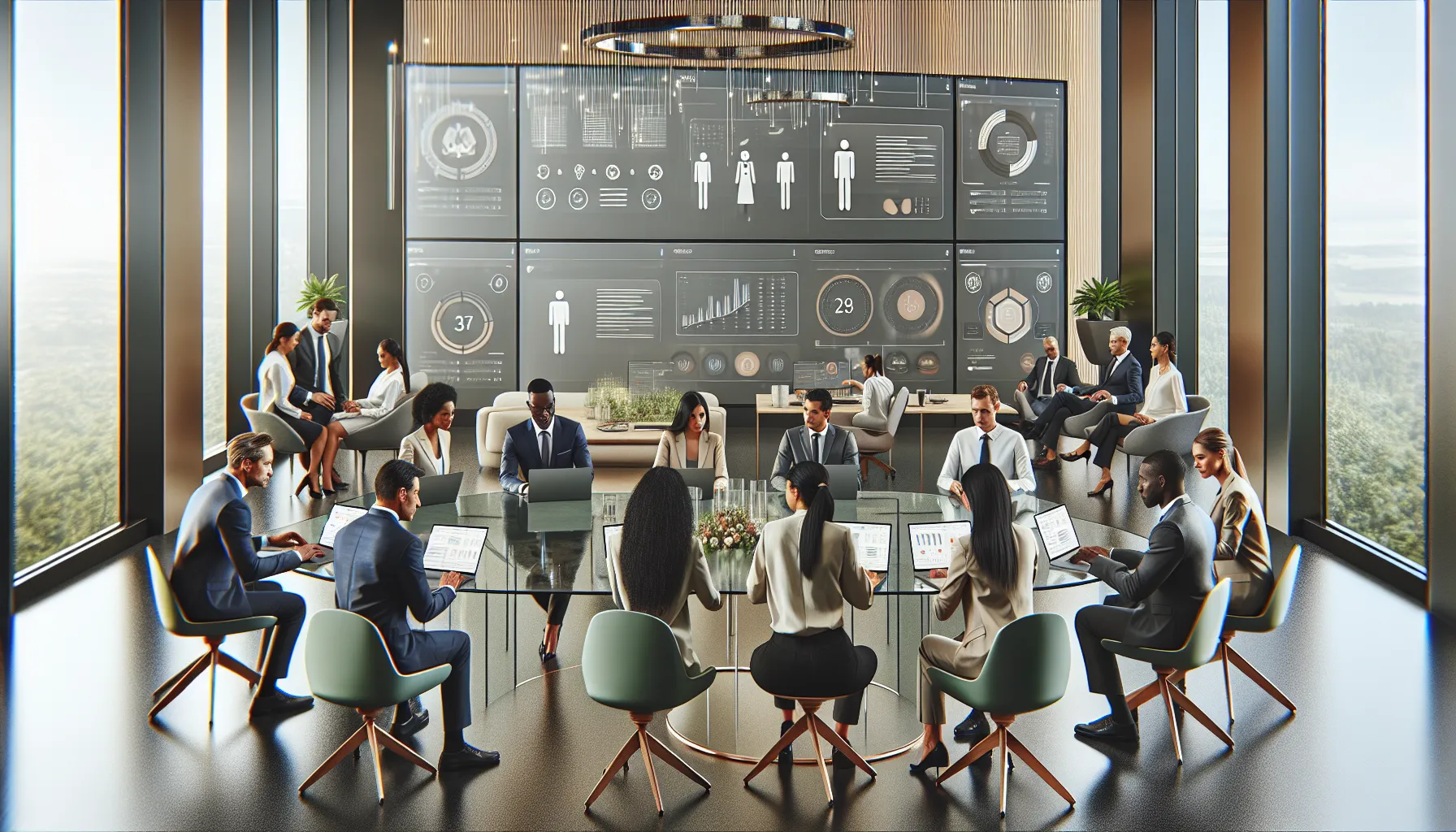 diverse professionals collaborating in a modern office using CPS288HCM software.