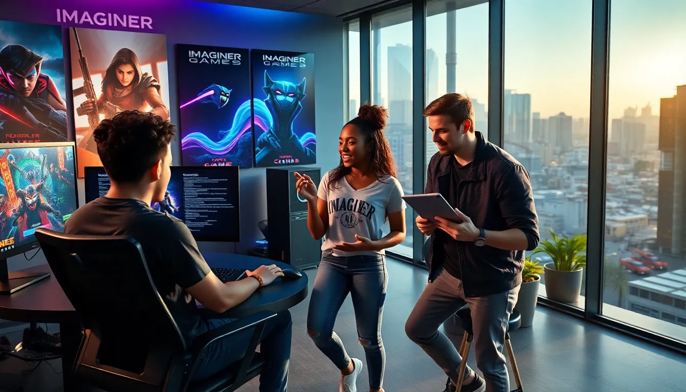 young adults collaborating in a vibrant gaming studio interior.