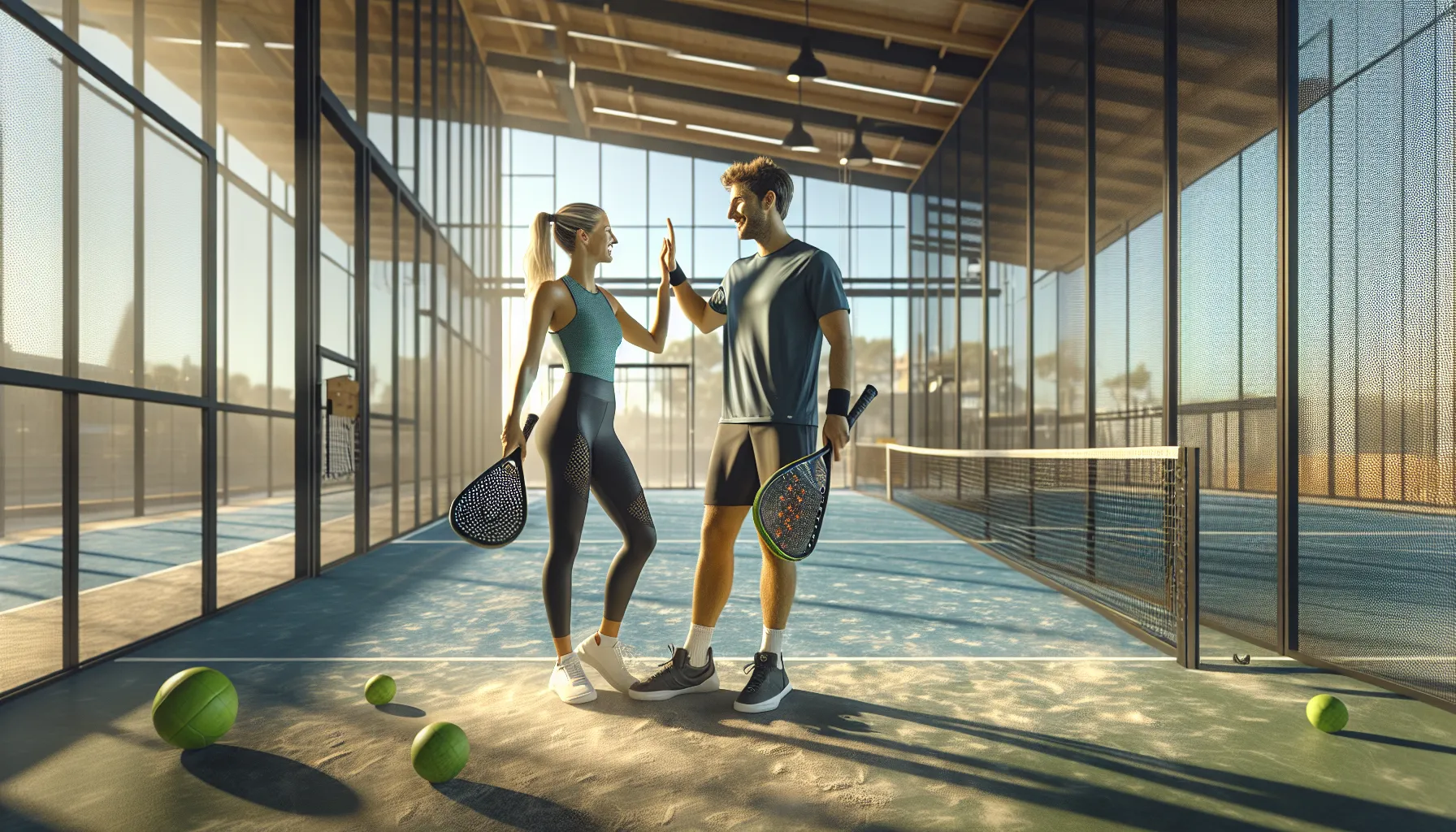 Norwegian couple high-fiving on a padel court in warm afternoon light.