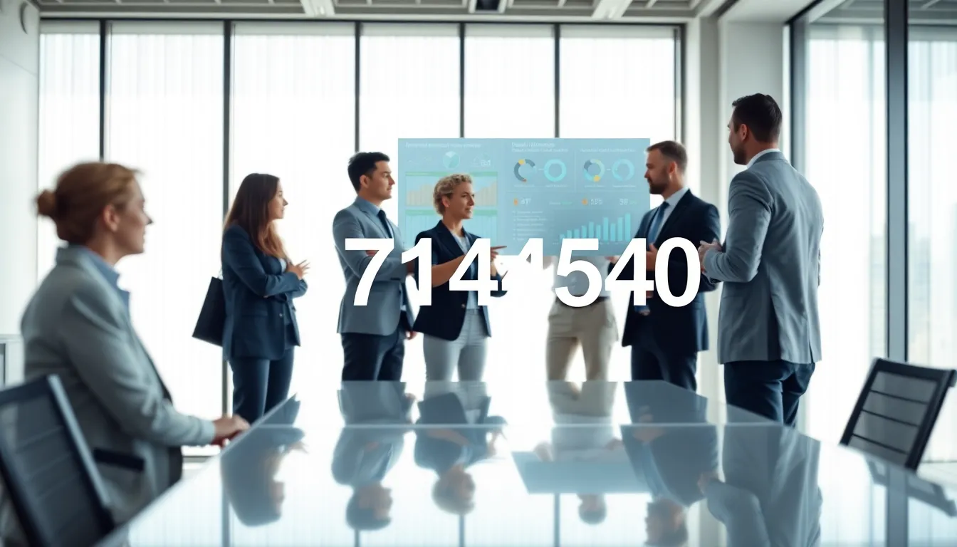 digital dashboard displaying the number 7714445409 in a modern office.