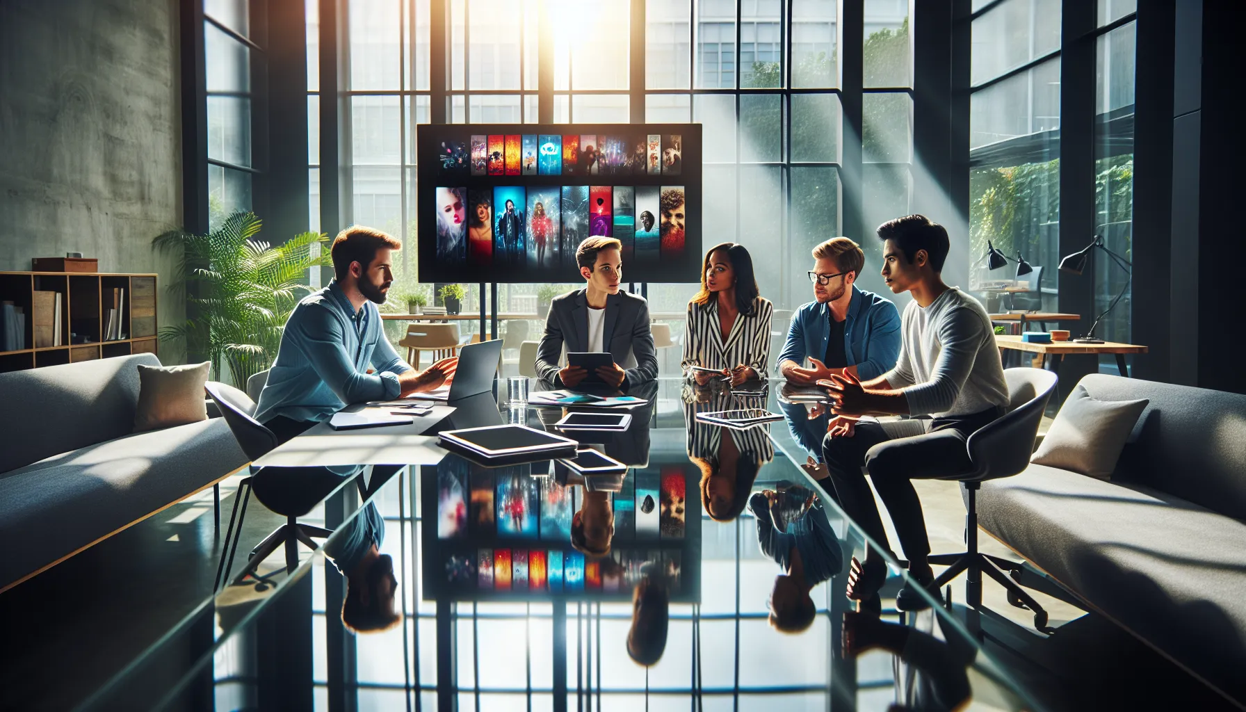 diverse team discussing movies in a modern office setting.
