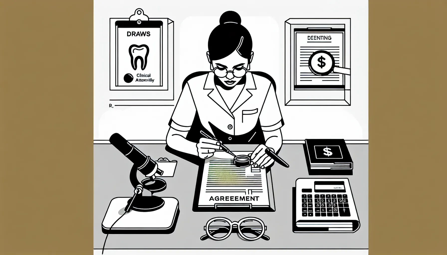 Dentist reviewing a dental contract and financial documents at a desk.