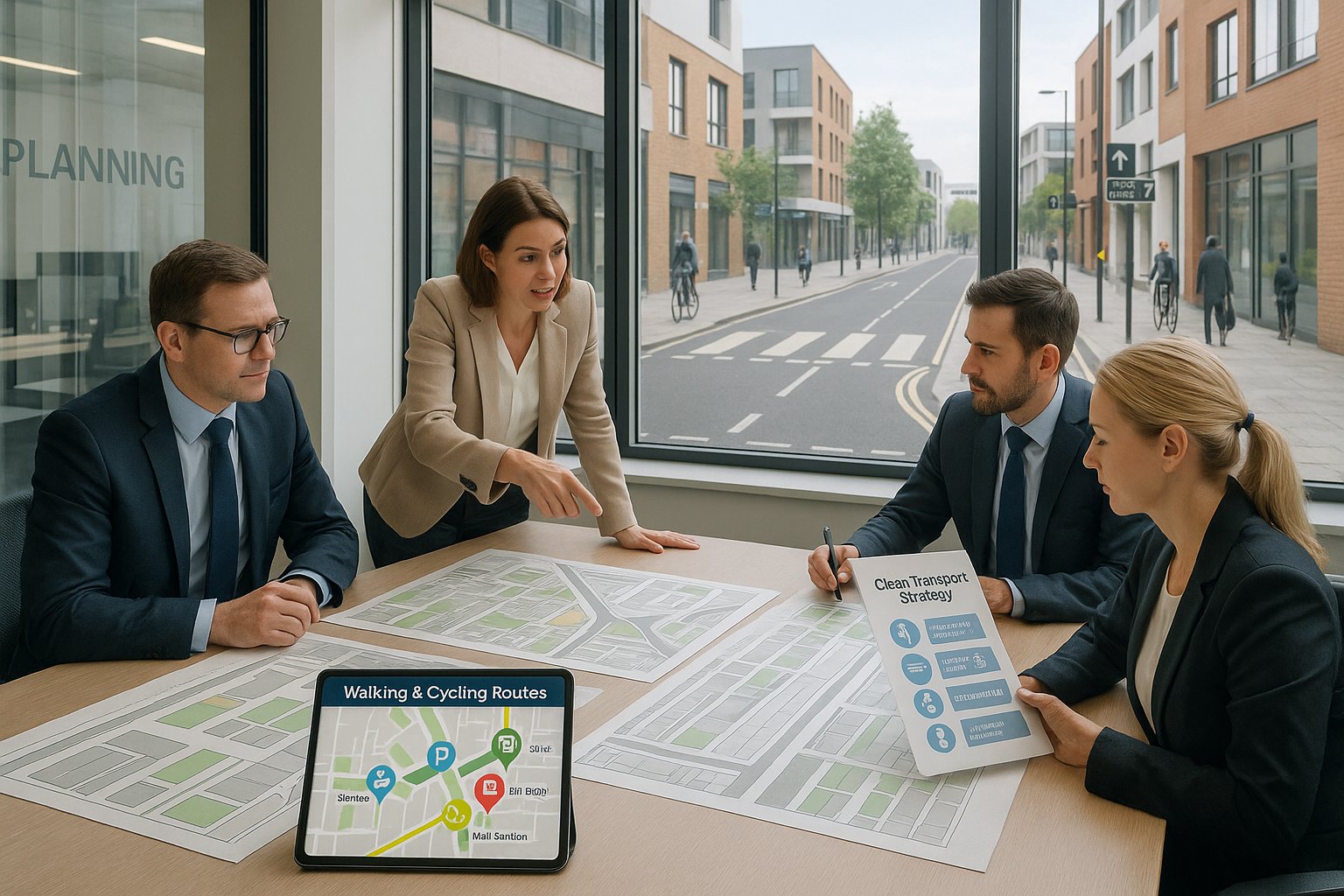 Transport planning consultants reviewing walking and cycling plans for a UK development.