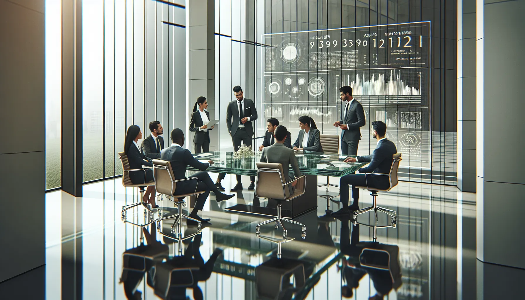 diverse professionals discussing historical data in a modern office.