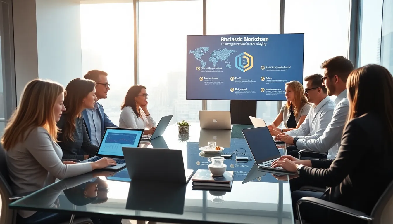 diverse team discussing Bitclassic Blockchain in a modern office.