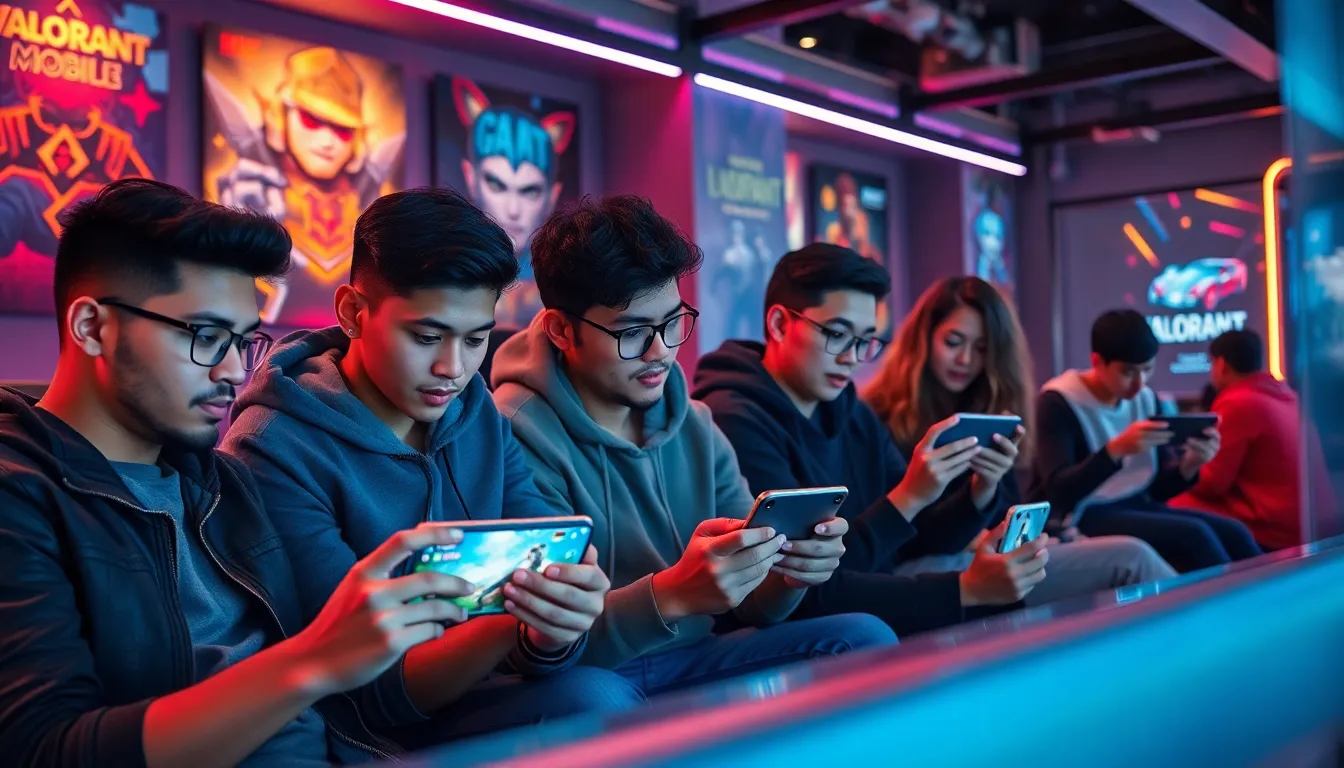diverse gamers playing Valorant Mobile in a modern gaming lounge.