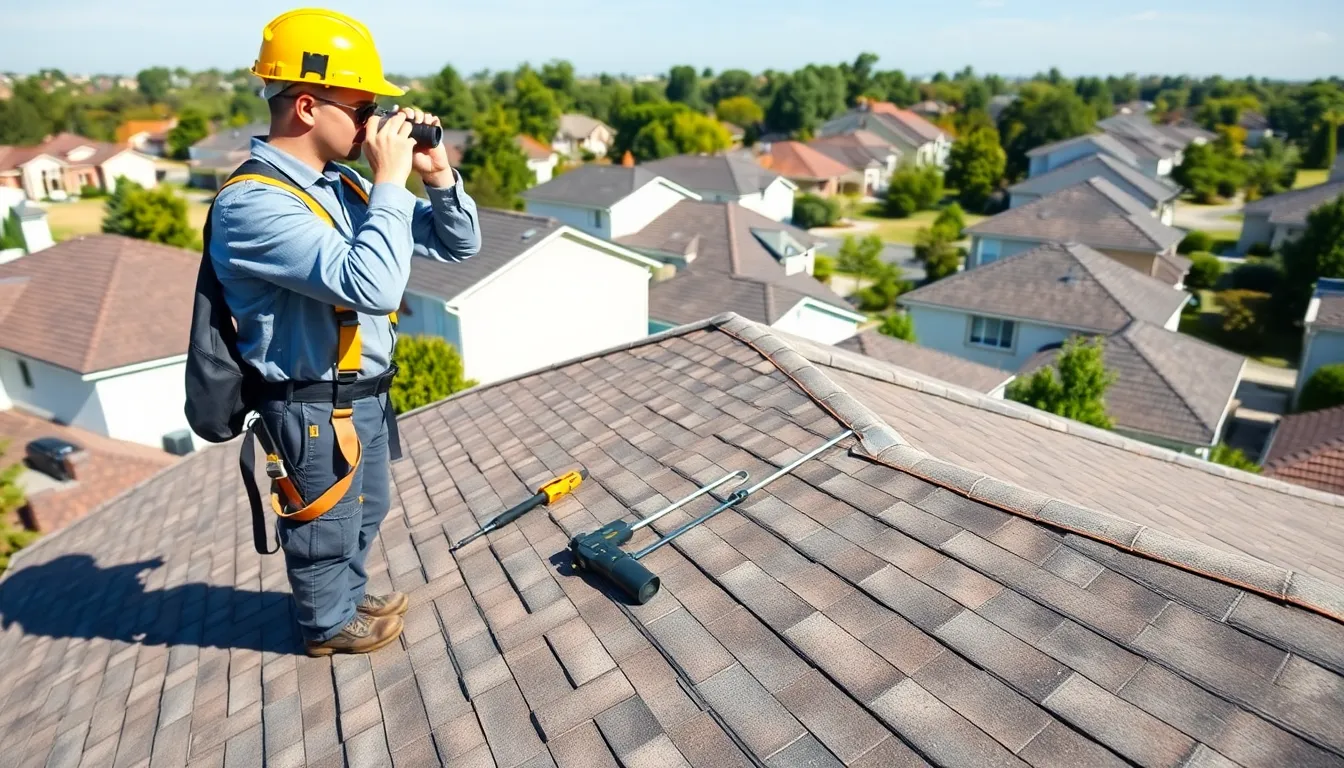 Contractor inspecting a residential roof for damage.