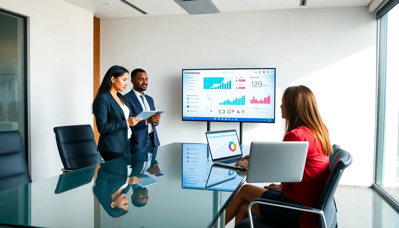diverse team discussing WebBizMagnet hardware in a modern office.