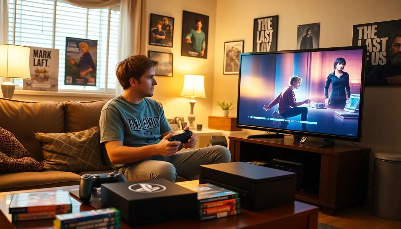 a young man playing PlayStation in a cozy living room with game posters.