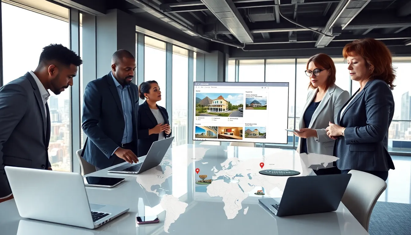 real estate agents collaborating with technology in a modern office.