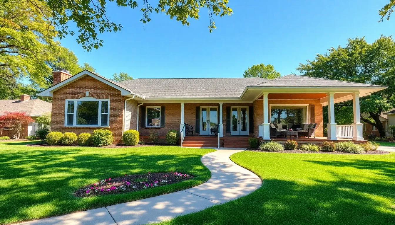 Ranch style home with a wrap-around porch in a serene setting.