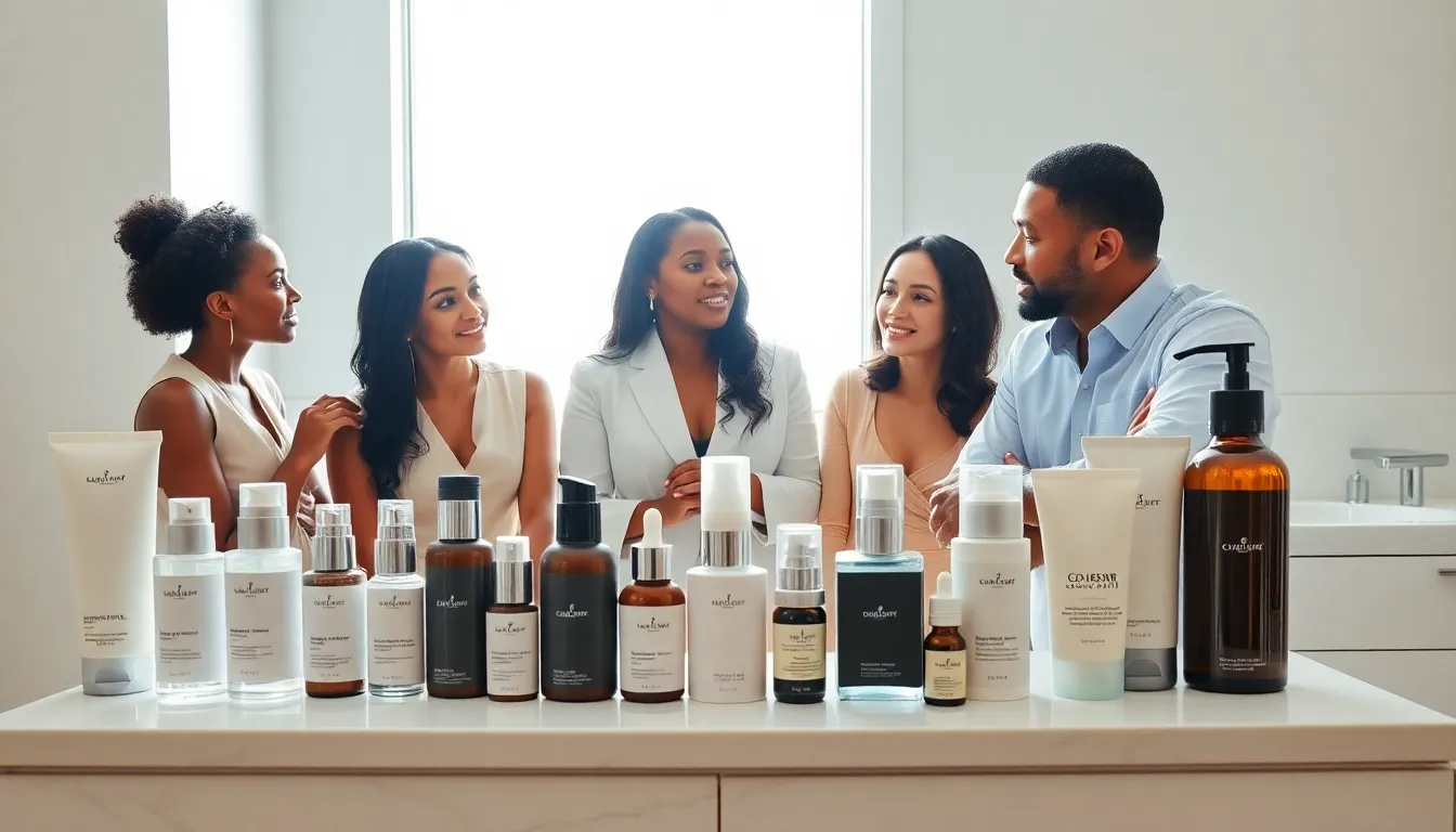 diverse group discussing the order of facial skincare products at a vanity.