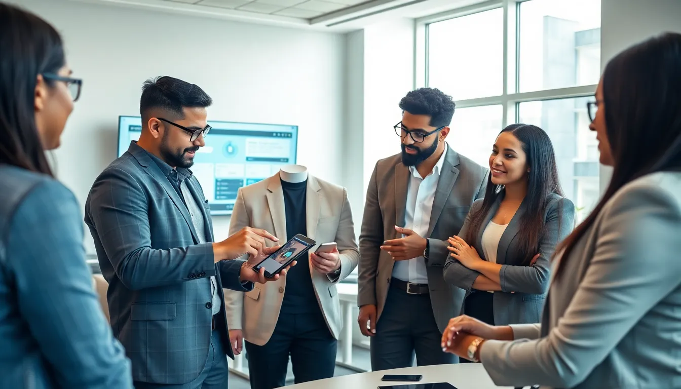 diverse team discussing mobile app installation services in a modern office.