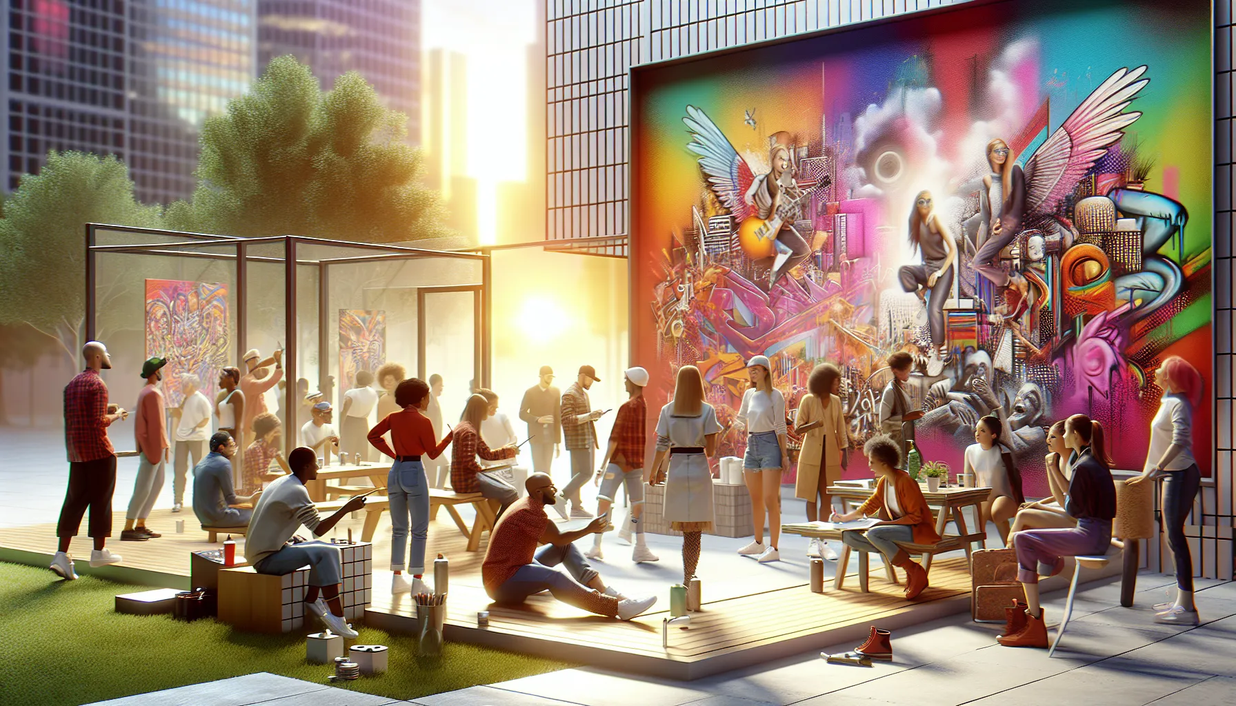 diverse group engaging with vibrant urban art installation.