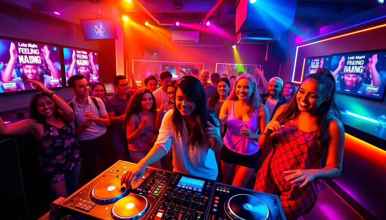 diverse crowd dancing in a vibrant nightclub to popular 2022 dance tracks.