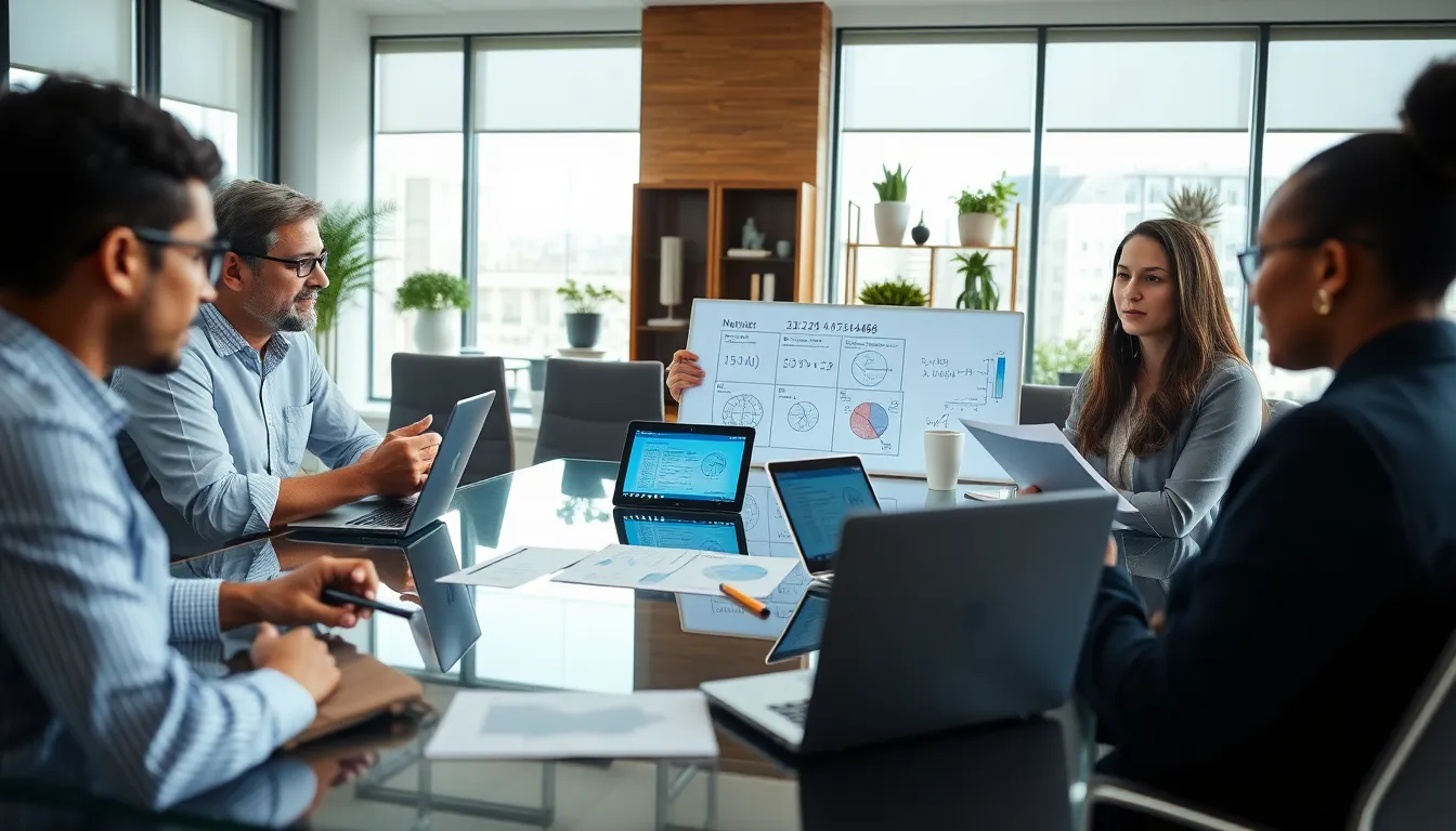 team discussing mathematical properties in a modern office.