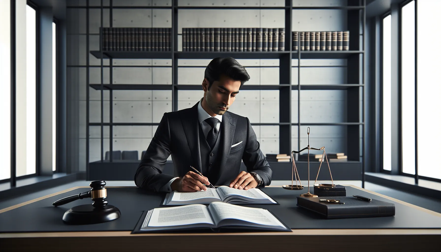 Croatian legal professional reviewing formal court documents at modern office desk