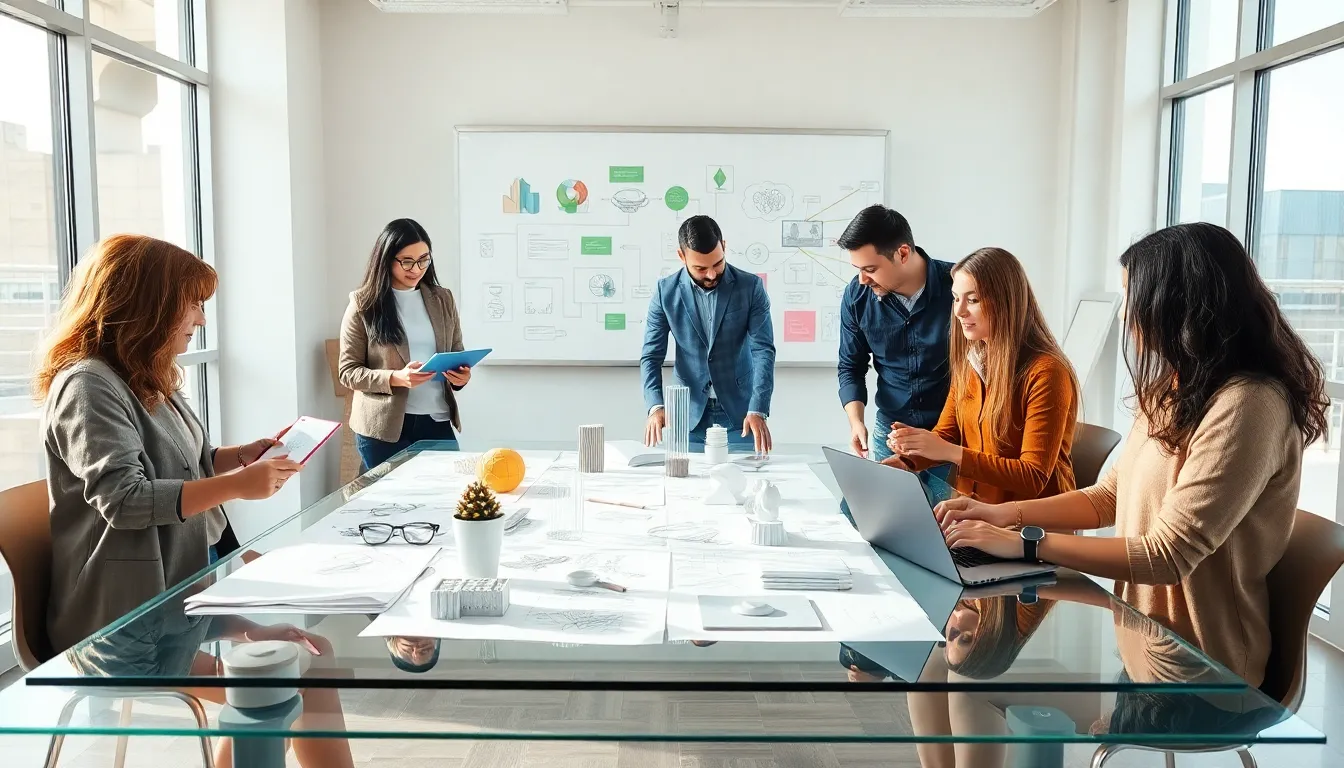 a diverse team in a modern design studio collaborating on design concepts.