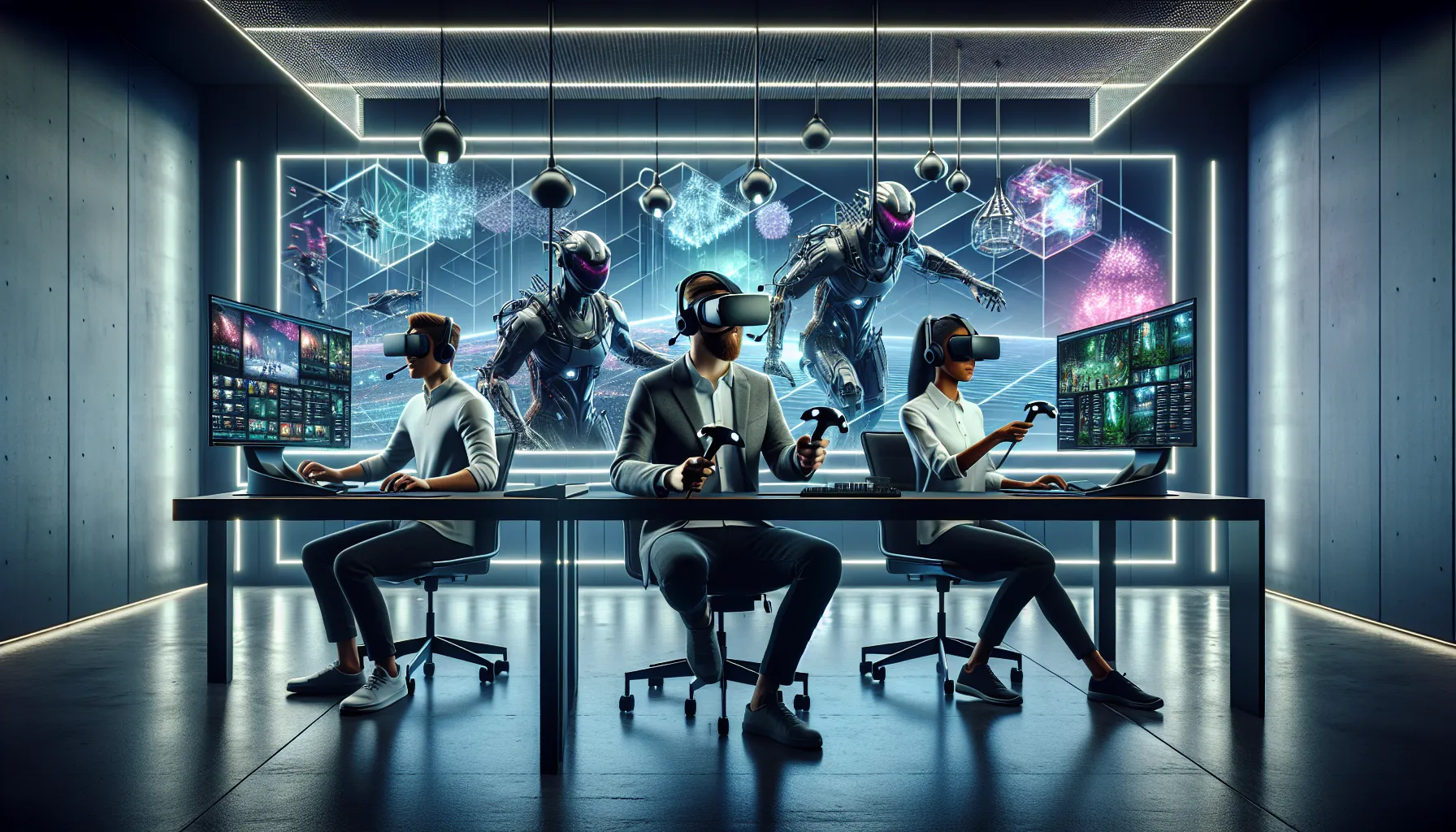 diverse team engaging with virtual reality in a modern gaming studio.