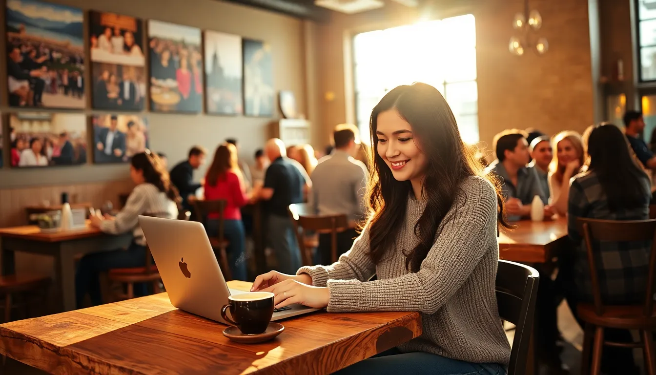 A woman writing a blog post in a cozy coffee shop.