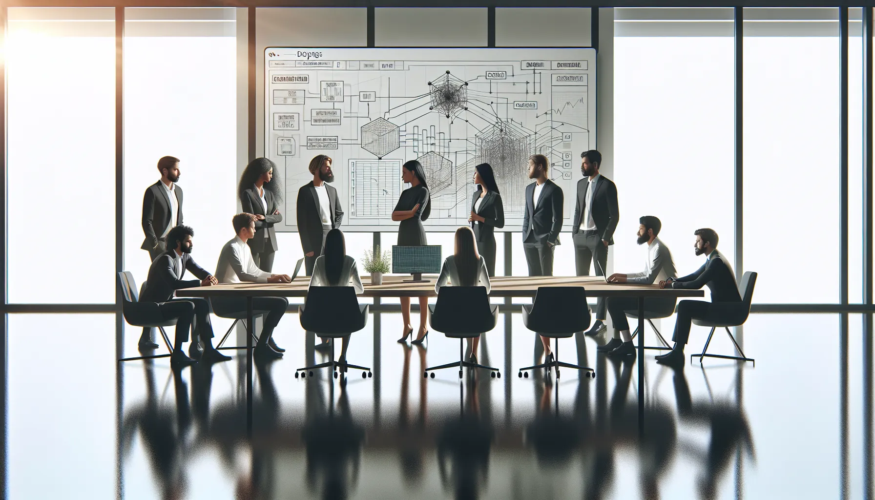 IT professionals discussing software issues in a modern office.